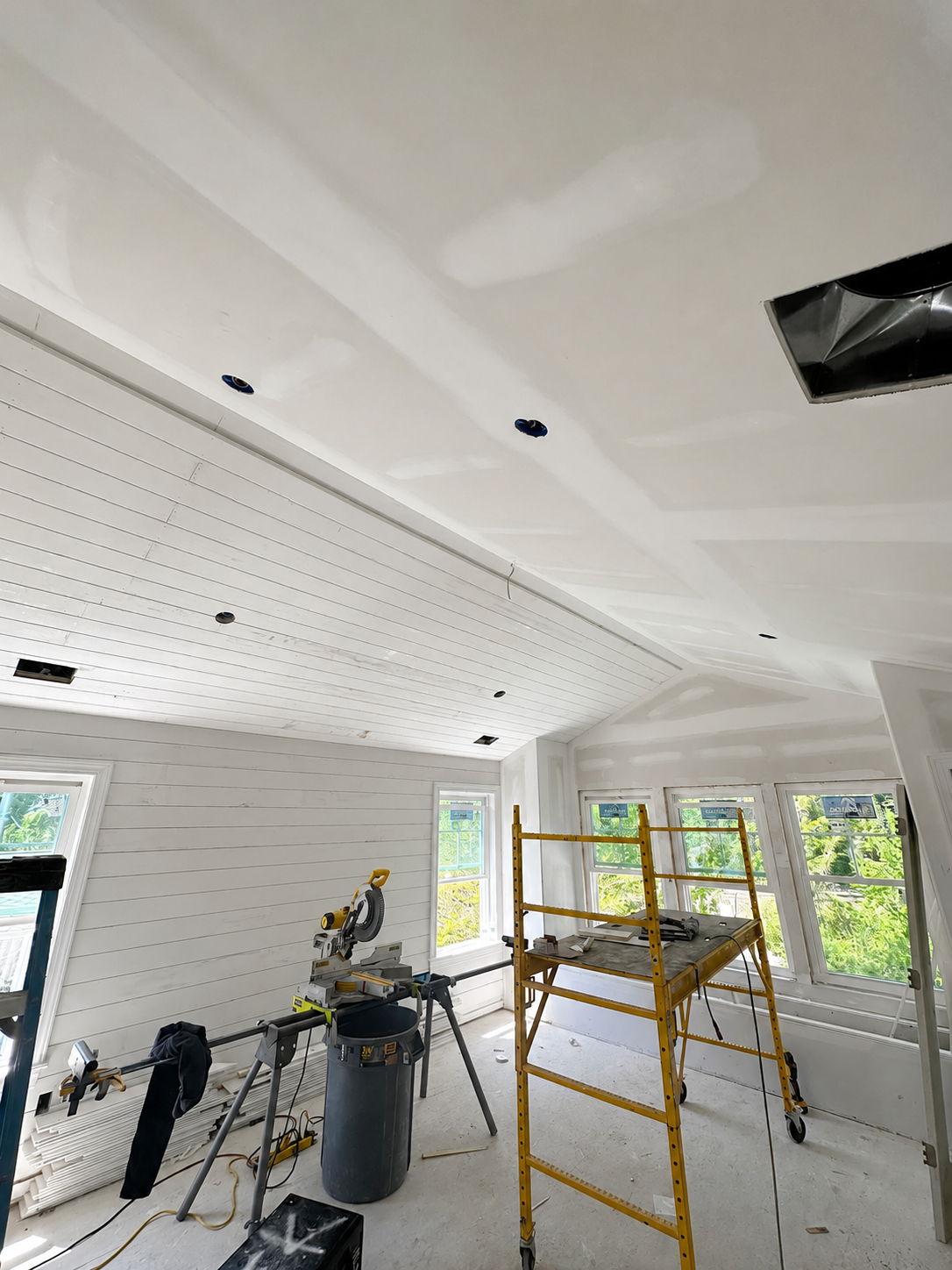Shiplap ceiling installation in progress